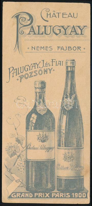 cca 1900 'Chateau Palugyay, Nemes fajbor Palugyay J. és Fiai, Pozsony,' reklámos számolócédula