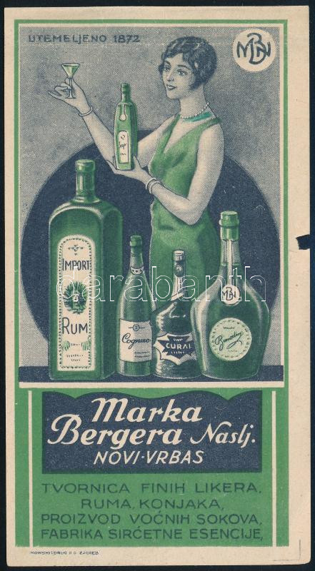 cca 1920 'Marka Bergera Naslj. Novi Vrbas' (Újverbász) reklámos számolócédula, a szélén apró hiánnyal