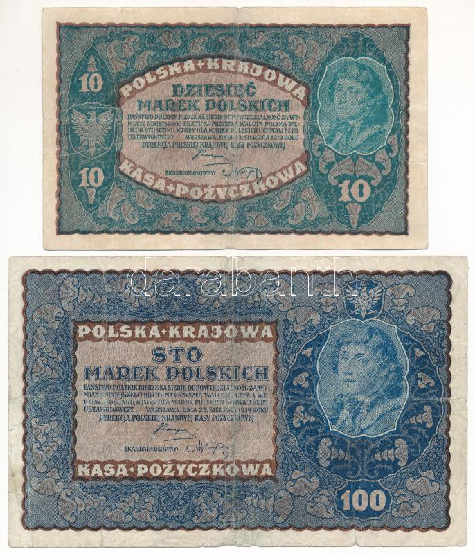 Lengyelország 1919. 10M + 100M T:III Poland 1919. 10 Marek + 100 Marek C:F