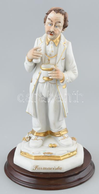 Gyógyszerész Capodimonte? porcelán szobra fa talapzaton. Biszkvit porcelán, festett. Hibátlan. 24 cm