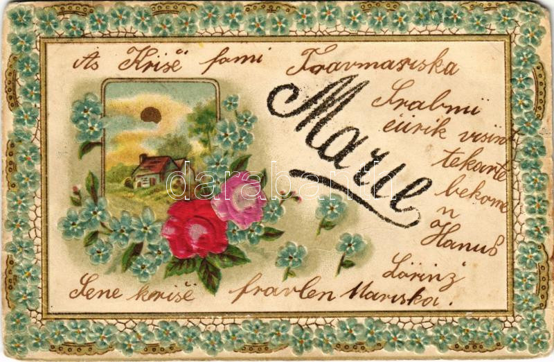 1901 Marie / Name Day greeting art postcard. Emb. litho decorated with silk flowers (EM)