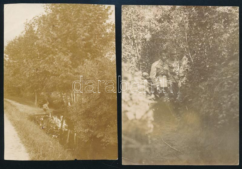 1918 I. világháború Piave, magyar katonák, 2 db hátoldalán feliratozott és datált vintage fotó. 11×7,5 cm