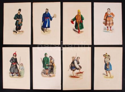 cca 1890 Népek- népviseletek a világból 16 db kézzel színezett metszet: kurdok, kalmükök, lappok, szamojédek, stb / cca 1890 People and folklore of the world, 16 hand colored etchings 26x18 cm Kurdish, Calmük, Lapp