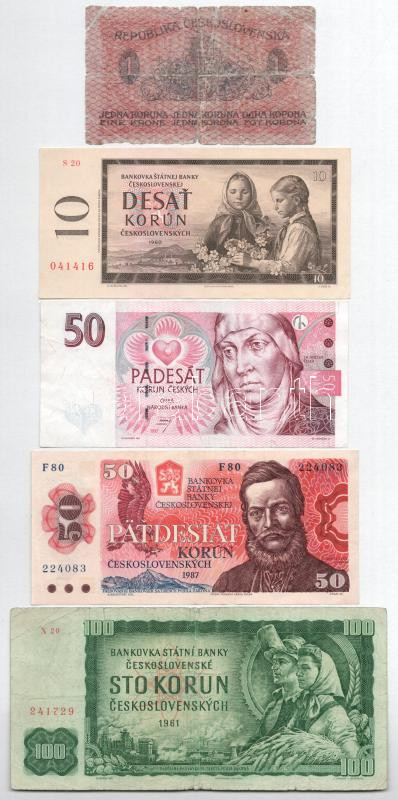Csehszlovákia 1919. 1K + 1960. 10K + 1961. 100K + 1987. 50K + Csehország 1997. 50K T:III-IV közte szép papír Czechoslovakia 1919. 1 Koruna + 1960. 10 Korun + 1961. 100 Korun + 1987. 50 Korun + Czech Republic 1997. 50 Korun C:F-G within nice
