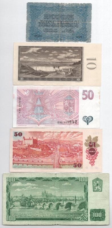 Csehszlovákia 1919. 1K + 1960. 10K + 1961. 100K + 1987. 50K + Csehország 1997. 50K T:III-IV közte szép papír Czechoslovakia 1919. 1 Koruna + 1960. 10 Korun + 1961. 100 Korun + 1987. 50 Korun + Czech Republic 1997. 50 Korun C:F-G within nice - Image 2