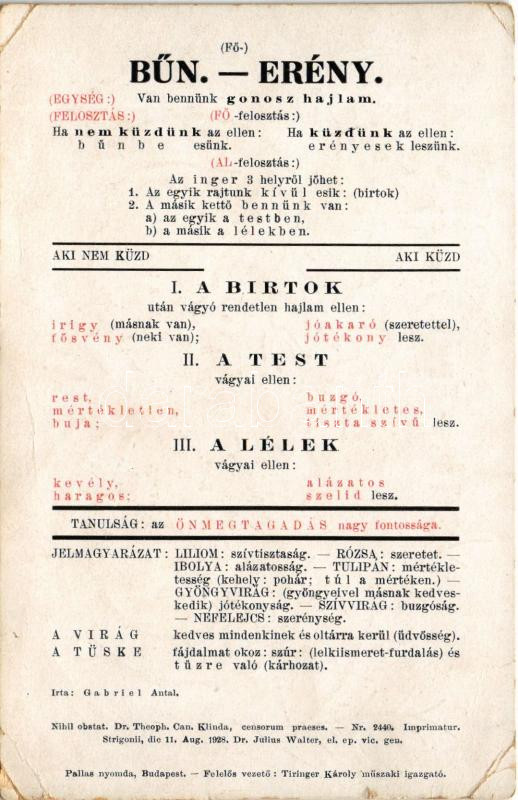 (Fő-) Bűn-Erény. Tanulság: Az Önmegtagadás nagy fontossága. Nihil obstat - Hátoldalon jelmagyarázat / Vice-Virtue - Religious art postcard with legend on the backside s: Csikor Irén (non PC) (EK) - Image 2