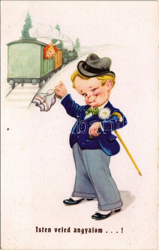 Isten veled angyalom..! / Children art postcard, farewell at the railway station. Amag 0500.