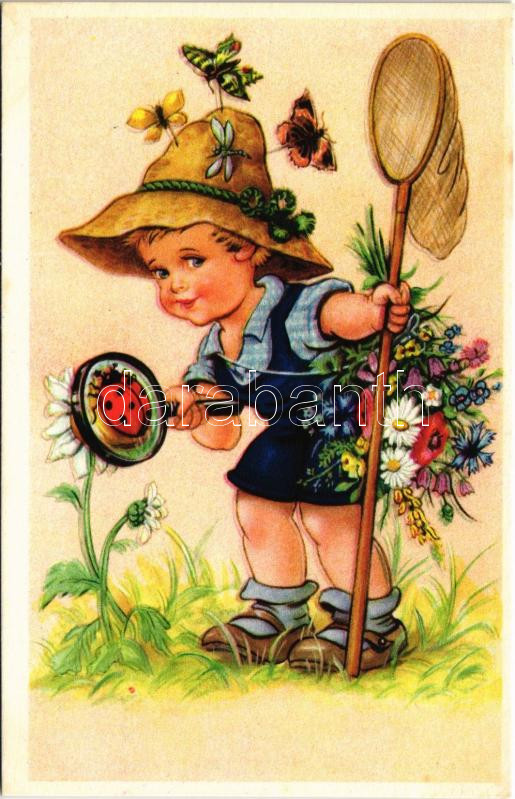 Children art postcard, catching butterflies. Coloprint B.