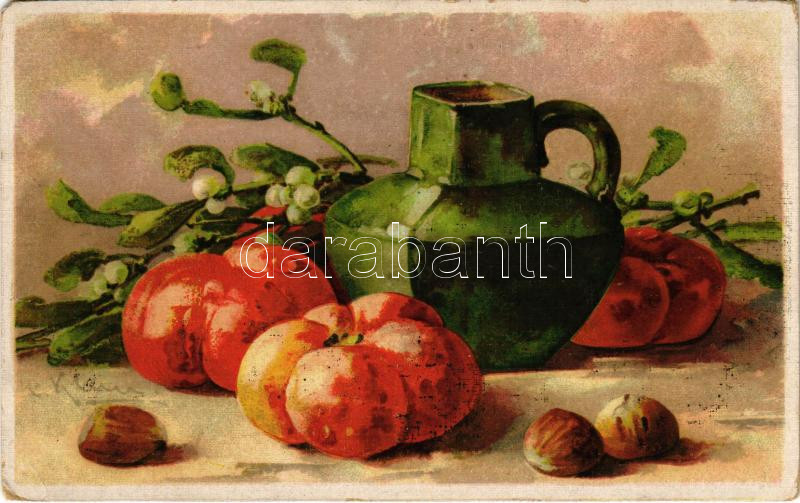 Still life art postcard with pumpkin. G.O.M. 1253. s: C. Klein (EM)