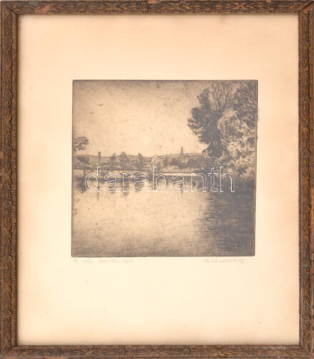 Lénárd Lévy Róbert (1879-1936): Csendes vizek. Rézkarc, papír. Jelzett. Számozott: 14/60. 20x18 cm. Üvegezett, sérült fakeretben.