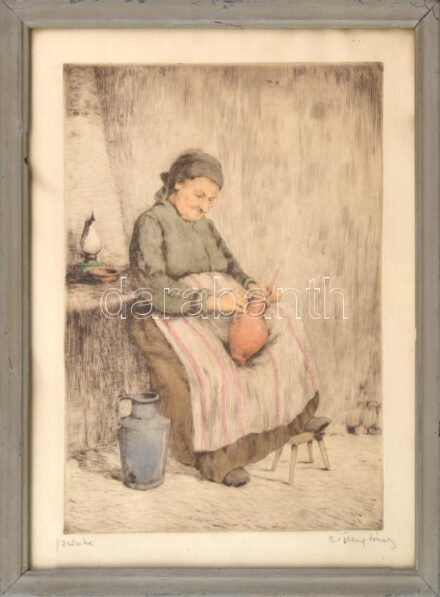 Csillag József (1894-1977): Főzőcske. Színezett rézkarc, papír. Jelzett. 31,5x22,5 cm. Üvegezett, sérült fakeretben.