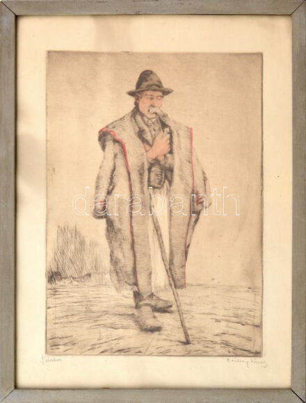 Csillag József (1894-1977): Pásztor. Színezett rézkarc, papír. Jelzett. 31,5x21,5 cm. Üvegezett fakeretben.