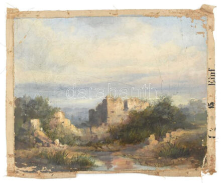 Olvashatatlan jelzéssel (balra lent), feltételezhetően XIX. sz. vége: Romantikus táj romokkal. Olaj, vászon, sérült, 32×40 cm