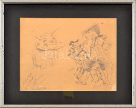 Olvashatatlan jelzéssel, XX. eleje: Kalapok... (karikatúra Spányik Kornél, Márk Lajos stb. alakjaival). Ceruza, papír. Ernst Lajos gyűjteménye pecséttel. 20x26 cm. Üvegezett fakeretben.