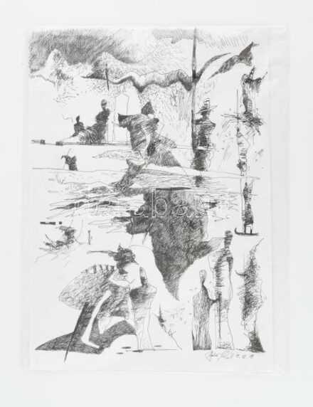 Szalay Pál (1953-2015): Alakok tájban, 1998. Tus, papír. Jelzett. 42x29,5 cm