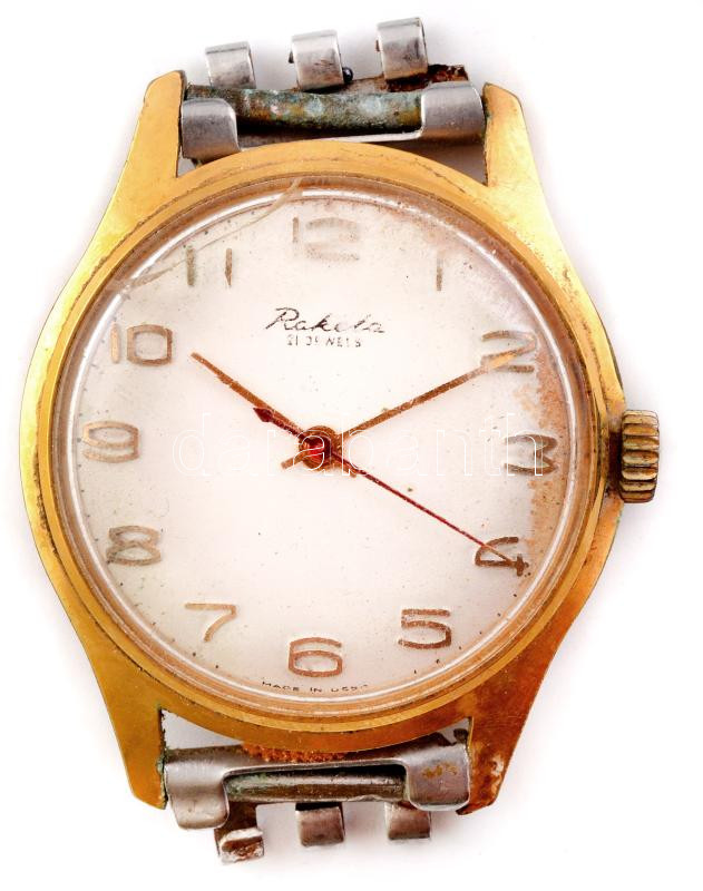 Raketa 21 köves mechanikus karóra, szíj nélkül, az üvegen sérüléssel, nem kipróbált, d: 34 mm