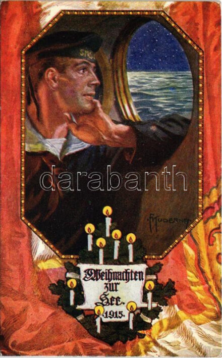 1916 Weihnachten zur See 1915. Offizielle Weihnachtskarte des Österreichischen Flottenvereines zu Gunsten des Roten Kreuz, des Kriegsfürsorgeamtes und des Kriegshilfsbüro. K.u.K. Kriegsmarine / WWI Austro-Hungarian Navy Christmas greeting art