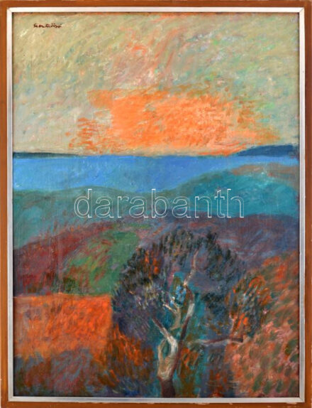 Szentgyörgyi Kornél (1916-2006): Meleg este. Olaj, farost, jelezve balra fent, hátoldalán Képcsarnok Vállalat címkéje. Keretben, 80×60 cm / oil on wood fiber, signed, framed