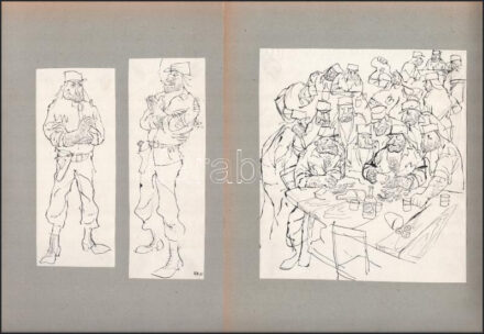Rau Tibor (1934-2000): 17 db illusztráció Rejtő Jenő Három testőr Afrikában c. könyvéhez, 1962. Tus, papír, vékony kartonra kasírozva. 3 db rajz jelzett és datált, többi jelzés nélkül.18x9,5 és 21x18 cm közötti méretekben.