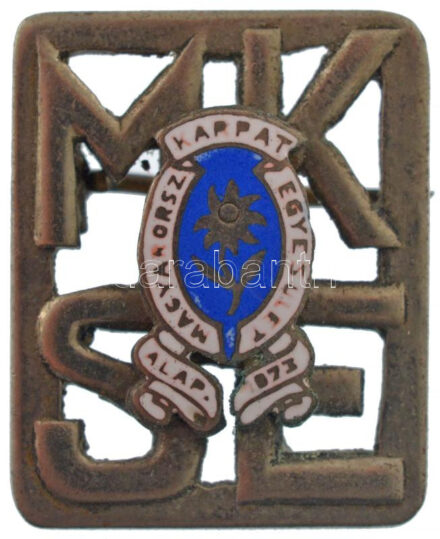 ~1920-1930. 'Magyarorsz Kárpát Egyesület - Alap. 1873' zománc rátétes, ezüstözött fém jelvény, 'FRICKER BPEST' gyártói jelzéssel (25x20mm) T:1- / Hungary ~1920-1930. 'Magyarorsz Kárpát Egyesület - Alap. 1873 (Hungarian Carpathian