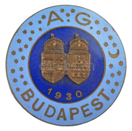1930. 'Budapest A.G.' zománcozott bronz jelvény, hátlapon 'MORZSÁNYI BUDAPEST ESKÜ-ÚT 5.' gyártói jelzéssel (27mm) T:2 hátlapon a tű akasztója letört
