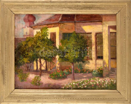 Lukácsy János (1884-1944): Ceglédi virágos udvar, háttérben a református templommal. Olaj, karton, jelezve balra lent. Kissé vetemedett. Dekoratív fakeretben. 49x65 cm