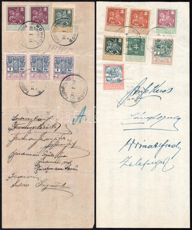 1921 Sopron 2 db váltó nagy értékű okmánybélyegekkel: 298,4 K + 149,5 K