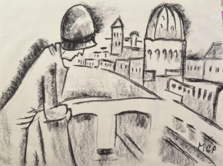 MCP jelzéssel: Hölgy korlátnál. Szén, papír. 29,5x42 cm