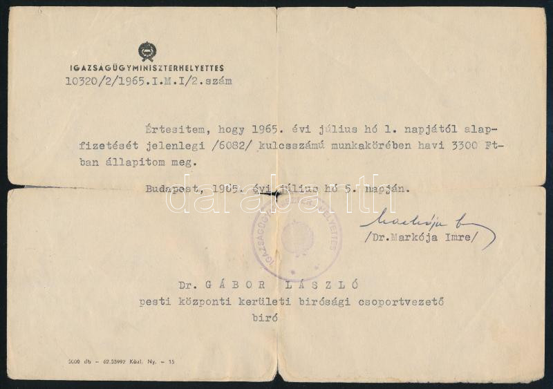 1965 Bp., Markója Imre igazságügy-miniszter által aláírt okmány