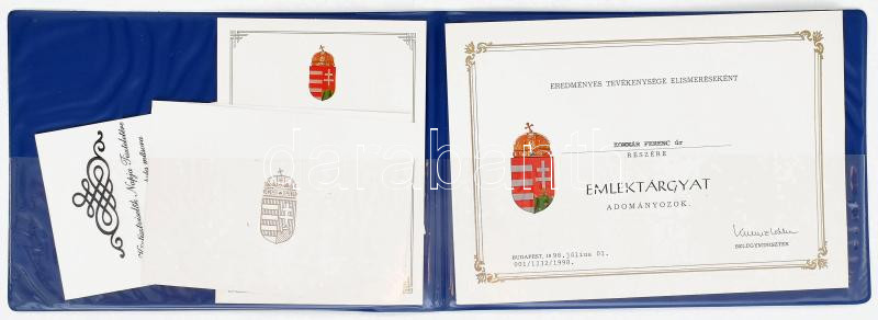 1998 Belügyminisztériumi emléktárgy-adományozó okirat (emléklap, meghívó, program)