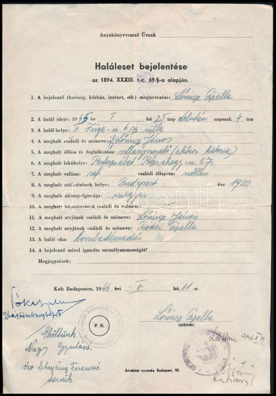 1946 Bombatámadásban elhunyt személy halotti bejelentő lapja