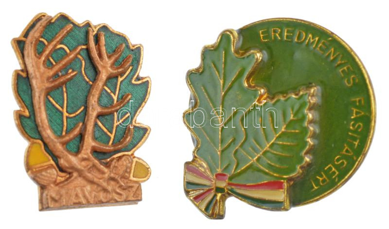 DN MAVOSZ (Magyar Vadászok Országos Szövetsége) zománcozott fém kitűző + 'Eredményes fásításért' zománcozott fém jelvény T:1-