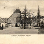 1907 Modor, Modra; Kádfürdő, régi városkapu, Solomon és Engel üzlete / spa, old castle gate, shop