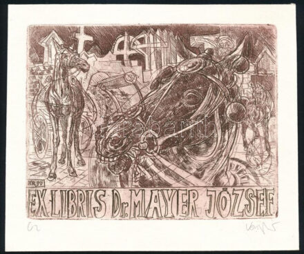 König (Kőnig) Róbert (1951-2014): Ex libris Dr. Mayer József. Rézmetszet, papír, jelzett, 11x14 cm