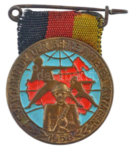 NDK 1958. 'A baráti hadseregek I. spartakiádja' zománcozott fém jelvény használt állapotú szalagon (30mm) T:1- GDR 1958. 'I. Spartakiade der Befreundeten Armeen' enameled badge with used condition ribbon (30mm) C:XF