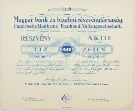 Budapest 1926. 'Magyar bank és bizalmi részvénytársaság' részvénye 10P-ről, szelvényekkel, szárazpecséttel, bélyegzéssel T:I- / Hungary / Budapest 1926. 'Hungarian Bank and Trust Share Company' share about 10 Pengő, with coupons,