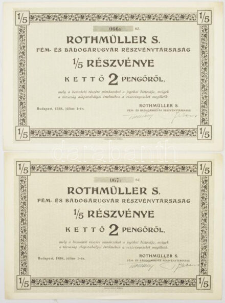 Budapest 1938. 'Rothmüller S. Fém- és Bádogárugyár Részvénytársaság' 1/5 részvénye 2P-ről, szelvényekkel (2x) T:I- / Hungary / Budapest 1938. 'Rothmüller S. Metal and Tinware Factory Share Company' 1/5 share about 2 Pengő, with