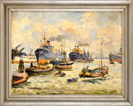 Olvashatatlan (HWB?) jelzéssel, XX. sz. közepén működött (német?) festő: Kikötői forgalom. Olaj, karton. Fakeretben. 30x40 cm