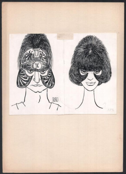 Rau Tibor (1934-2000): A legújabb divat (karikatúra). Tus, papír. Jelzett. kartonra kasírozva. 17x22 cm.