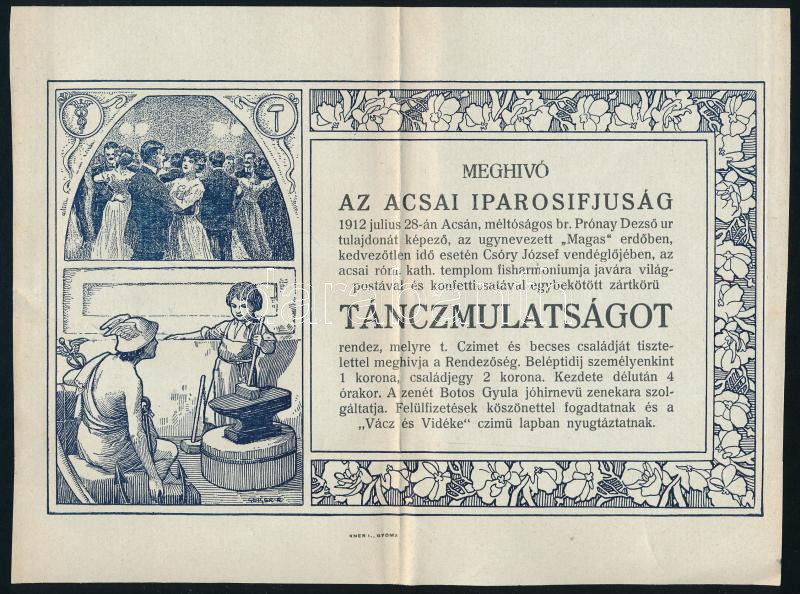 1912 Acsai iparos ifjúság táncmulatság díszes meghívó. 21x16 cm