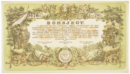 Debrecen 1889. 'A debreczeni 1848/49-ki honvéd-egylet elaggott, munkaképtelenné vált tagjai segélyezésére' sorsjegy 20kr értékben T:I-,II hajtatlan / Hungary / Debrecen 1889. 'To help the members of the Hungarian Association of the