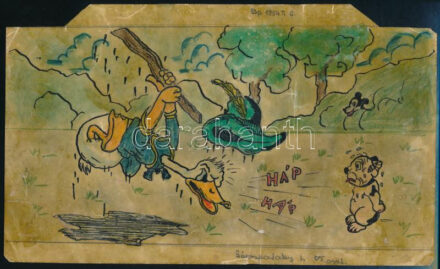 Sárospataky István, Bp. 1954. (VII. oszt. tanuló) jelzéssel: Walt Disney meseillusztrációk (Donald kacsa, Mickey egér), 2 db. Vegyes technika, zsírpapír, kisebb lapszéli sérülésekkel, törésnyomokkal, foltokkal, 15x28 cm