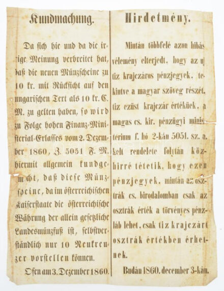 Buda 1860. Hirdetmény az új tíz krajcáros pénzjegyek értékével kapcsolatos félreértés kapcsán, magyar és német nyelven, szakadásokkal / Hungary / Buda 1860. Announcement about the misunderstandings regarding the worth of the new 10