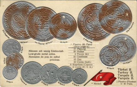 Türkei II. - Münzenkarte und Nationalflagge / Törökország - érmék és zászló. Dombornyomott / Turkish coins and flag. Embossed, litho (EK)