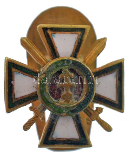 1939. 'Magyar Érdemrend lovagkeresztje kardokkal / középkeresztje kardokkal' zománcozott miniatűr gomblyukjelvény, hátoldalon 'BERÁN N BPEST' gyártói jelzéssel (14x14mm) T:1- / Hungary 1939. 'Hungarian Order of Merit, Knight's Cross with