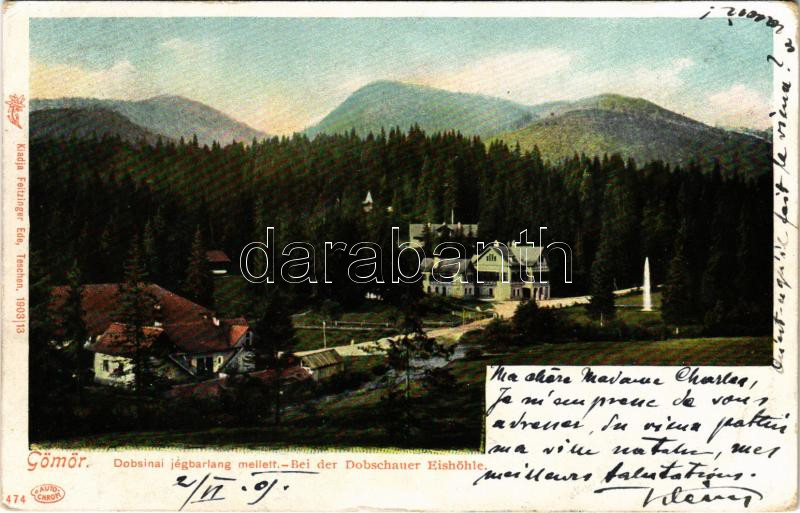 1905 Dobsina, Dobschau; Gömör. Dobsinai jégbarlang, Barlang szálloda. Feitzinger Ede 1903/13. 474. Auto-Chrom / Bei der Dobschauer Eishöhle / Dobsinská ladová jaskyna / ice cave, hotel (EK)