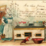 1902 Nyúl család tojásfestés közben Húsvétkor / Rabbit family during egg painting at Easter. litho
