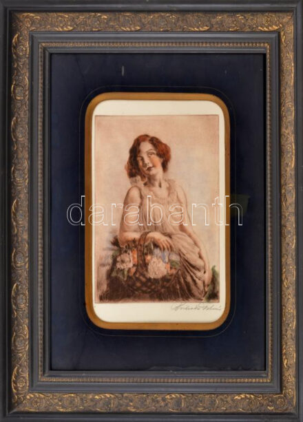 Prihoda István (1891-1956): Lány virágokkal. Színezett rézkarc, papír, jelzett. Dekoratív, korabeli üvegezett fakeretben. 25x20 cm