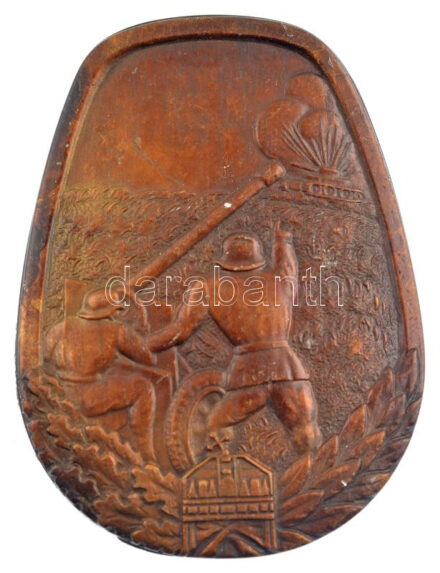 1944. 'Harckocsi kilövési jelvény III. fokozata' bronzszínűre eloxált Al kitüntetés (62x46mm) T:1-,2 ph. / Hungary 1944. 'Tank Destruction Badge (for gun Crew Members) 3rd Grade' oxidized to bronze color Al decoration (62x46mm) C:AU,XF edge