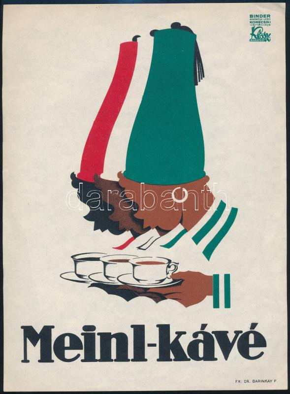 cca 1930 Konecsni György (1908-1970) Meinl-kávé, villamosplakát, Binder eredetije után Konecsni variációja, 24x17 cm